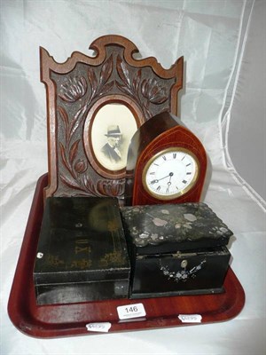 Lot 146 - A carved oak photograph frame, Edwardian inlaid mantel clock etc