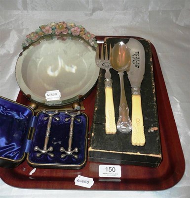 Lot 150 - A silver tablespoon, a barbola mirror, cased carving set etc