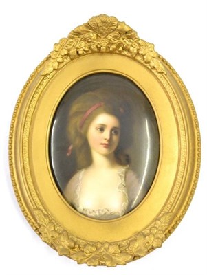 Lot 33 - A KPM Berlin Porcelain Oval Plaque, circa 1880, painted with a bust portrait of a girl in a...
