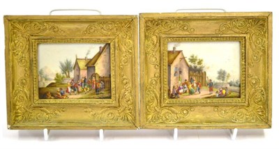 Lot 35 - A Pair of Continental Porcelain Plaques, late 19th century, painted with Dutch peasant scenes,...