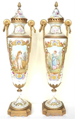 Lot 37 - A Pair of Gilt Metal Mounted Sèvres Style Porcelain Vases and Covers, early 20th century, of...