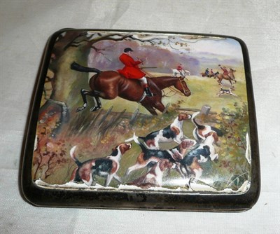 Lot 197 - A silver cigarette case, enamelled with a hunting scene - damaged