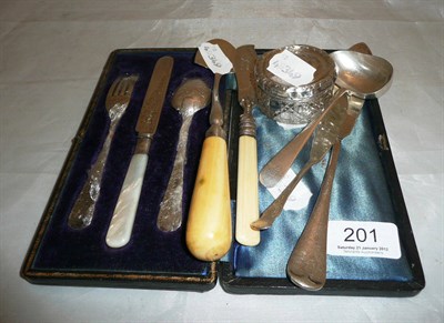 Lot 201 - A George V silver three piece christening set of knife, fork and spoon, Sheffield 1912, cased;...