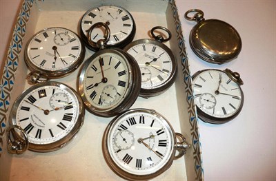 Lot 218 - Six silver open faced pocket watches, and two other pocket watches stamped 'fine silver' and '925'