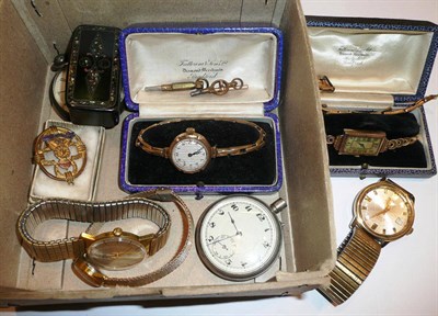 Lot 219 - Two gold watches, three wristwatches, snuff box, pocket watches etc