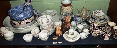 Lot 226 - A shelf of ceramics including teawares, Japanese vase, Beatrix Potter doll's tea service etc