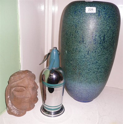 Lot 228 - A large Ruskin style turquoise glazed vase, a stoneware bust head signed Barbara Haywood and a...
