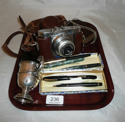 Lot 236 - Assorted fountain pens, camera etc