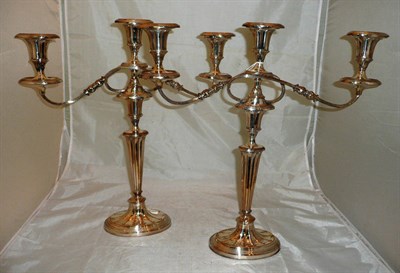 Lot 252 - A pair of plated on copper two branch three light candelabra in the neo-classical style