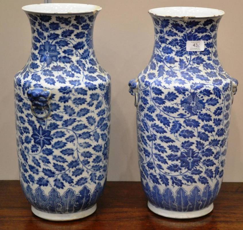 Lot 43 - A Pair of Chinese Porcelain Vases, 19th century, of baluster form with flared necks and ring...