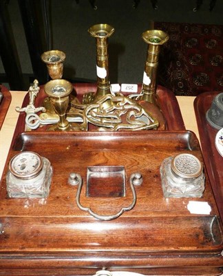 Lot 257 - A 19th century walnut inkstand with two glass wells, two pairs of 19th century brass...