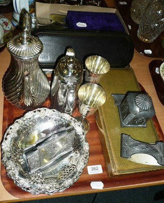 Lot 262 - A quantity of silver plate including a three piece desk set, a coffee pot, a hot water jug, a...