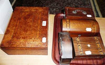 Lot 278 - A burr yew work box, another work box, two tea caddies and a mantel timepiece