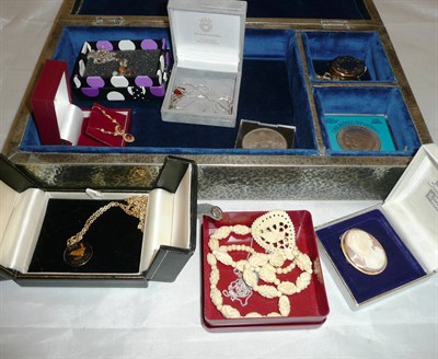 Lot 307 - A collection of gold and costume jewellery including an enamelled farthing, earrings etc