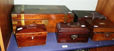 Lot 316 - * Two mahogany tea caddies, Victorian walnut writing box, walnut work box and another (5)