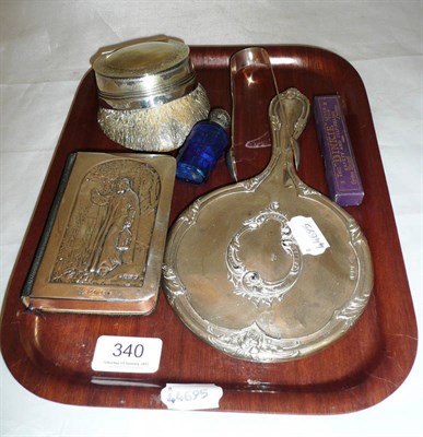 Lot 340 - A silver mounted book of prayer, a horse hoof snuff box with plated mounts, a scent bottle etc