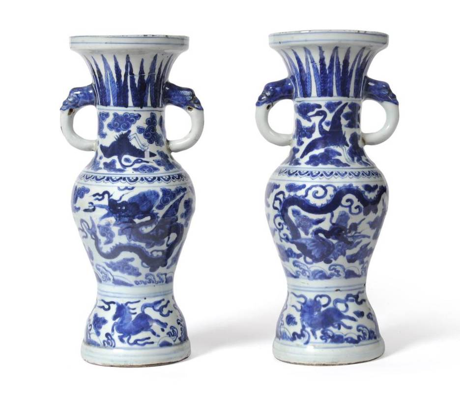 Lot 52 - A Pair of Chinese Provincial Porcelain Vases, 16th century, of baluster form with trumpet necks and