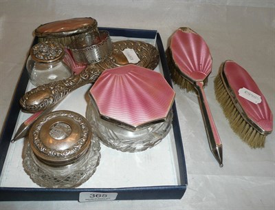 Lot 365 - Silver and pink guilloche enamel backed four piece dressing table set, silver backed mirror,...