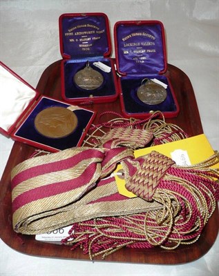 Lot 366 - Two silver Shire Horse Society medallions, a Victoria jubilee medal (all cased) and a military sash