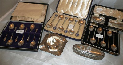 Lot 368 - Three cased sets of silver teaspoons, silver ash tray, silver tongs, napkin ring etc