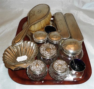 Lot 373 - Quantity of small silver mounted items, silver shell dish, mustard pots with blue liners,...