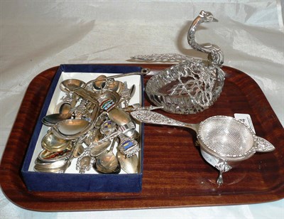 Lot 374 - Silver and glass swan, tea strainer and sundry