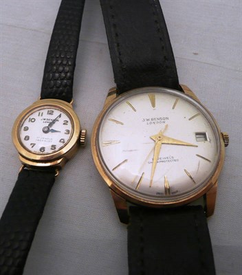 Lot 388 - A gentleman's 9ct gold wristwatch by J W Benson and a lady's 9ct gold wristwatch by J W Benson,...