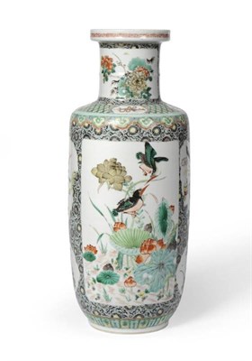 Lot 57 - A Chinese Porcelain Rouleau Vase, Qing Dynasty, painted in famille verte enamels with birds in...