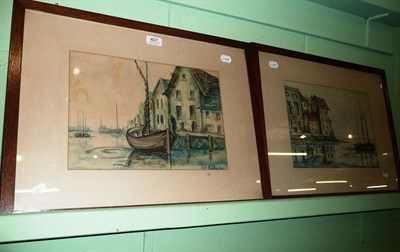 Lot 407 - Peter Reardon, Dutch harbour scenes, pair of signed watercolours