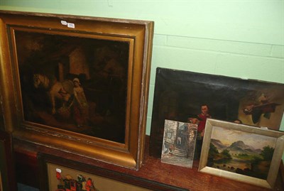 Lot 408 - After George Morland, two farm girls with a horse, oil; three unframed oil paintings - tavern...