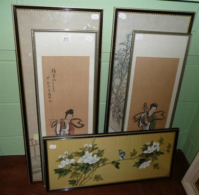 Lot 411 - Two pairs of Chinese pictures on silks and another