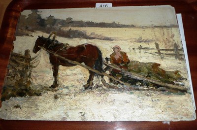 Lot 416 - Lenoid Mihailovich Stil (Russian 1921-1999), horse and sled in winter landscape, signed oil on card