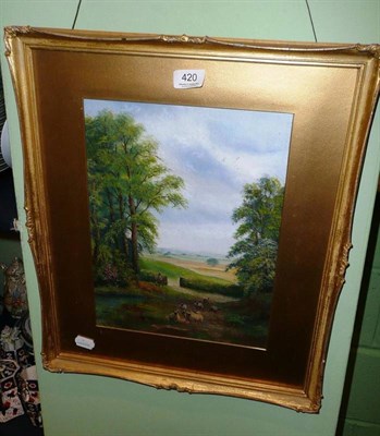 Lot 420 - Rural scene with sheep on a track, oil on board