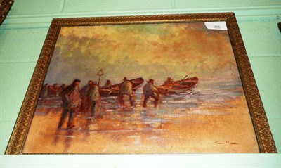 Lot 429 - Oil on canvas, fishermen and cobbles, Frank Henry Mason