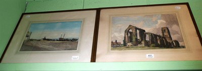 Lot 431 - Two watercolours by F W Baldwin, beach scene - possibly Filey and Fountains Abbey or Byland