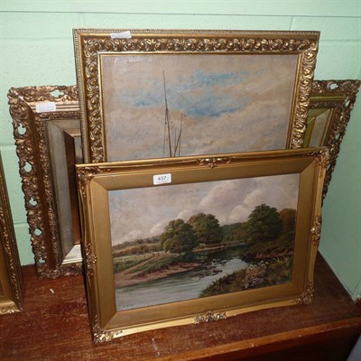 Lot 437 - Oil on canvas, river scene, M Evans, an oil mountainous lakeland scene and an oil of Whitby