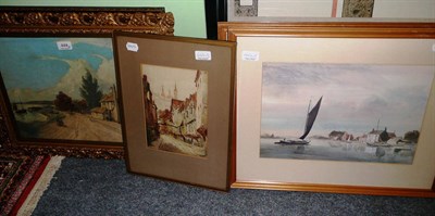 Lot 444 - Watercolour, moorland scene, J Watson, watercolour of York and three others (5)