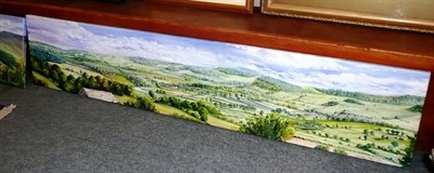 Lot 446 - Panoramic landscape of East Witton and Cover Bridge' by Moira Metcalfe (of Hawes), signed