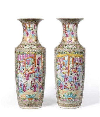 Lot 68 - A Pair of Cantonese Porcelain Baluster Vases, mid 19th century, with flared necks, painted in...