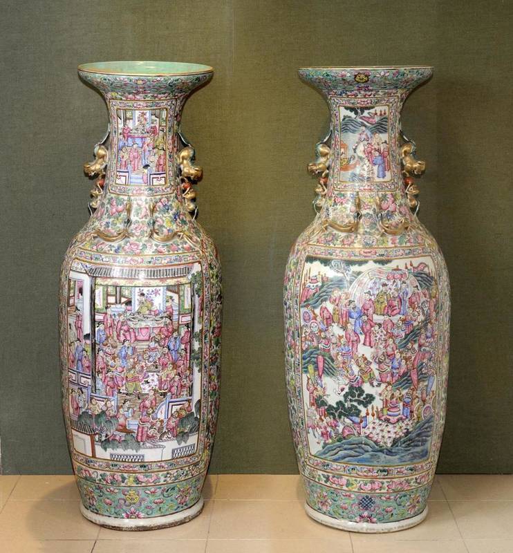 Lot 70 - A Pair of Massive Cantonese Porcelain Vases, 19th century, of baluster form, the trumpet necks with