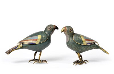 Lot 76 - A Pair of Chinese Cloisonne Enamel Figures of Parrots, 18th century, the standing birds with...