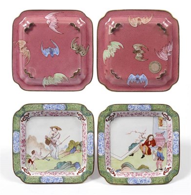 Lot 77 - A Pair of European Subject Chinese Enamel Square Dishes, 18th century, painted in famille rose...