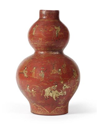 Lot 87 - A Chinese Red Lacquer Double Gourd Vase, Tongzhi reign mark and of the period, painted in black and