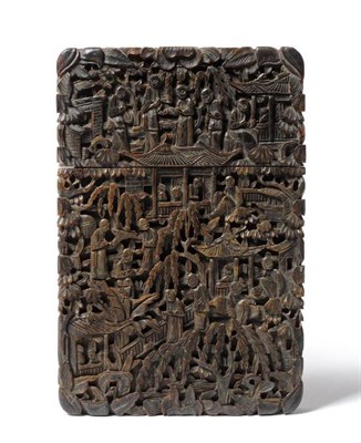 Lot 89 - A Chinese Tortoiseshell Card Case, mid 19th century, carved with figures and pagodas amongst trees