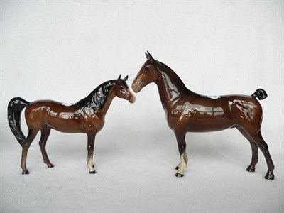 Lot 1090 - Beswick Hackney Horse, model No. 1361, brown gloss, 19.7cm high and Arab Horse, model No. 1265...