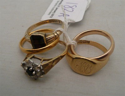 Lot 182A - Two gold wedding bands, 18ct signet ring, and a 9ct gold ring set stone and a 9ct gold ring set...