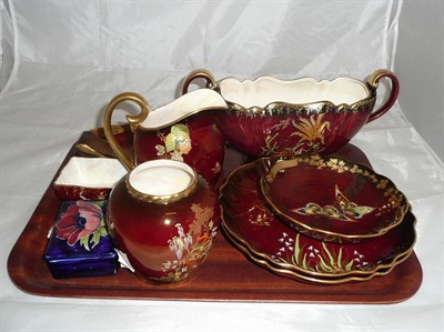 Lot 1 - A Moorcroft box and cover and eight pieces Crown Devon Carltonware Rouge Royale (9)