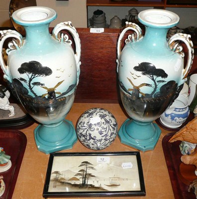 Lot 12 - A pair of Staffordshire vases, a faience ball and a Japanese print