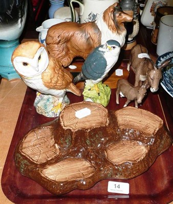 Lot 14 - Beswick barn owl, merlin, rough collie, donkey (a.f.), donkey foal and a ceramic tree stump display