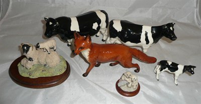 Lot 17 - Beswick Friesian bull, cow and calf, Beswick fox, Border Fine Arts ewe and lambs 'King of the...